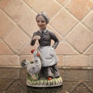 Vintage Porcelain Farm Woman with Rooster Figurine Hand Painted Country Decor